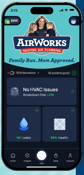 AirWorks Comfort Plan app showing system health: no HVAC issues, low breakdown risk, no leaks, 88% filter health