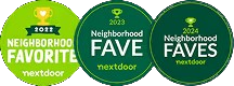Nextdoor Neighborhood Favorite 2022, Fave 2023, and Faves 2024 award badges