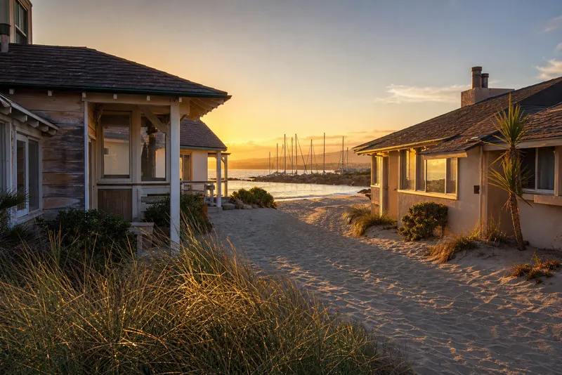 Beach cottages on the sand with harbor sailboat masts in the distance at Hollywood Beach, Oxnard