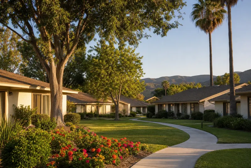 Single-story attached 1970s cottages around shared lawns with a walking path in Leisure Village, Camarillo
