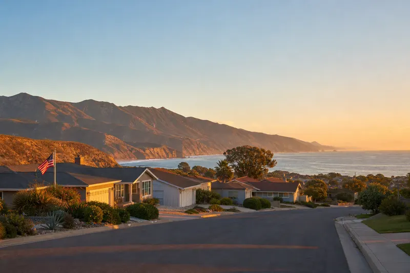 Single-story ranch homes with an American flag overlooking the coast near Point Mugu