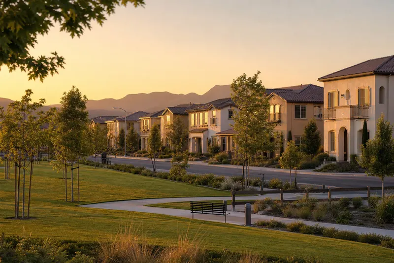 Spanish-style production homes on a tree-lined street in RiverPark, Oxnard