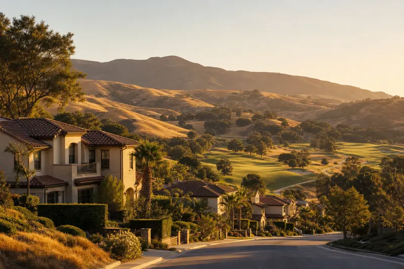 Mediterranean hillside homes above a golf fairway in Wood Ranch, Simi Valley