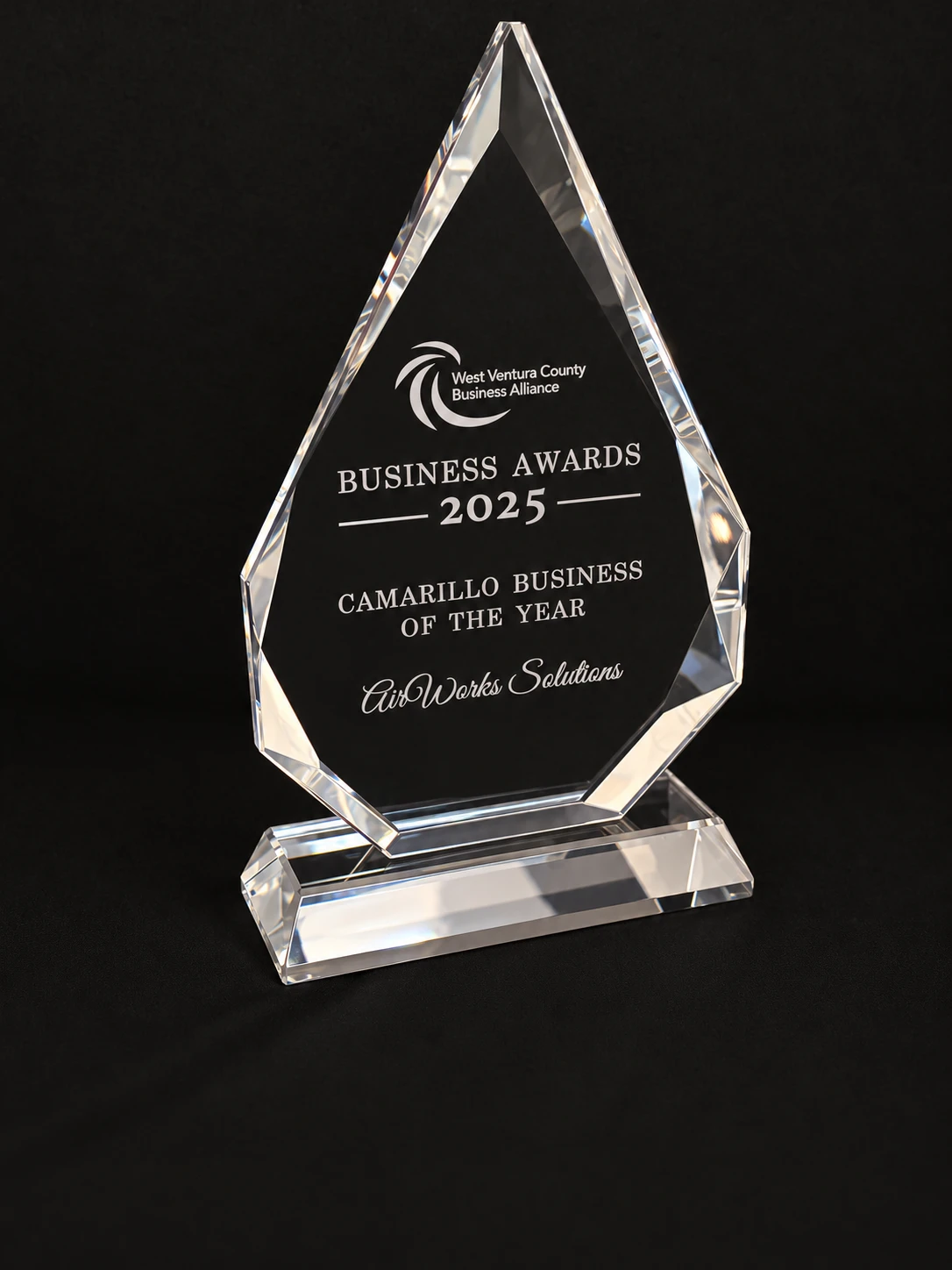 The 2025 West Ventura County Business Alliance crystal award, engraved Business Awards 2025, Camarillo Business of the Year, AirWorks Solutions.